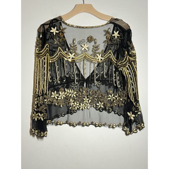 GORGOUS VINTAGE Black Gold Silky Beaded Embroidered Jacket Blouse Top L/XL - Picture 5 of 8